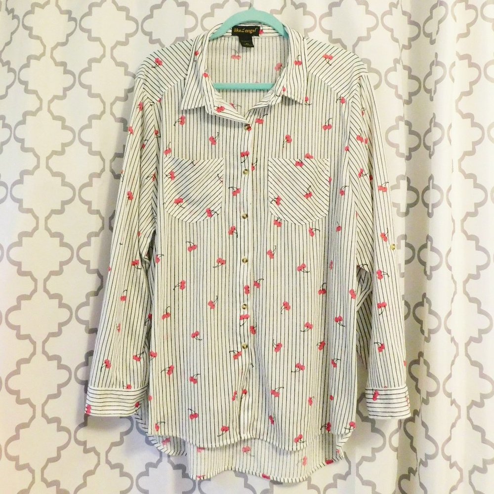 Like An Angel White & Blue Pin Striped Button Down Shirt W/Cherries - 2X